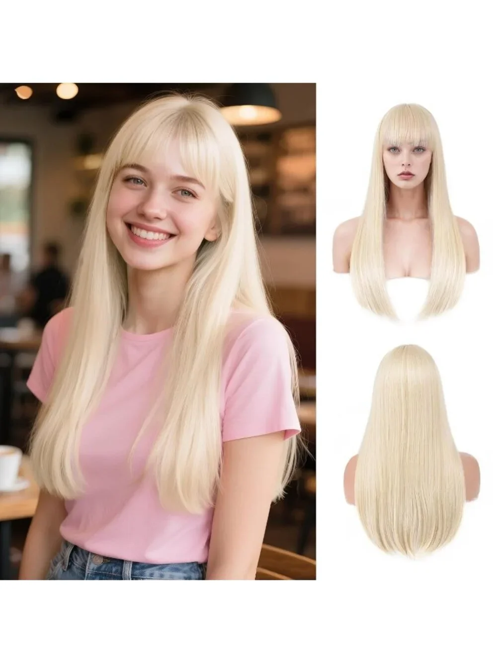 Women's Blonde 24 Inch Heat Resistant Synthetic Long Straight Bangs Wig